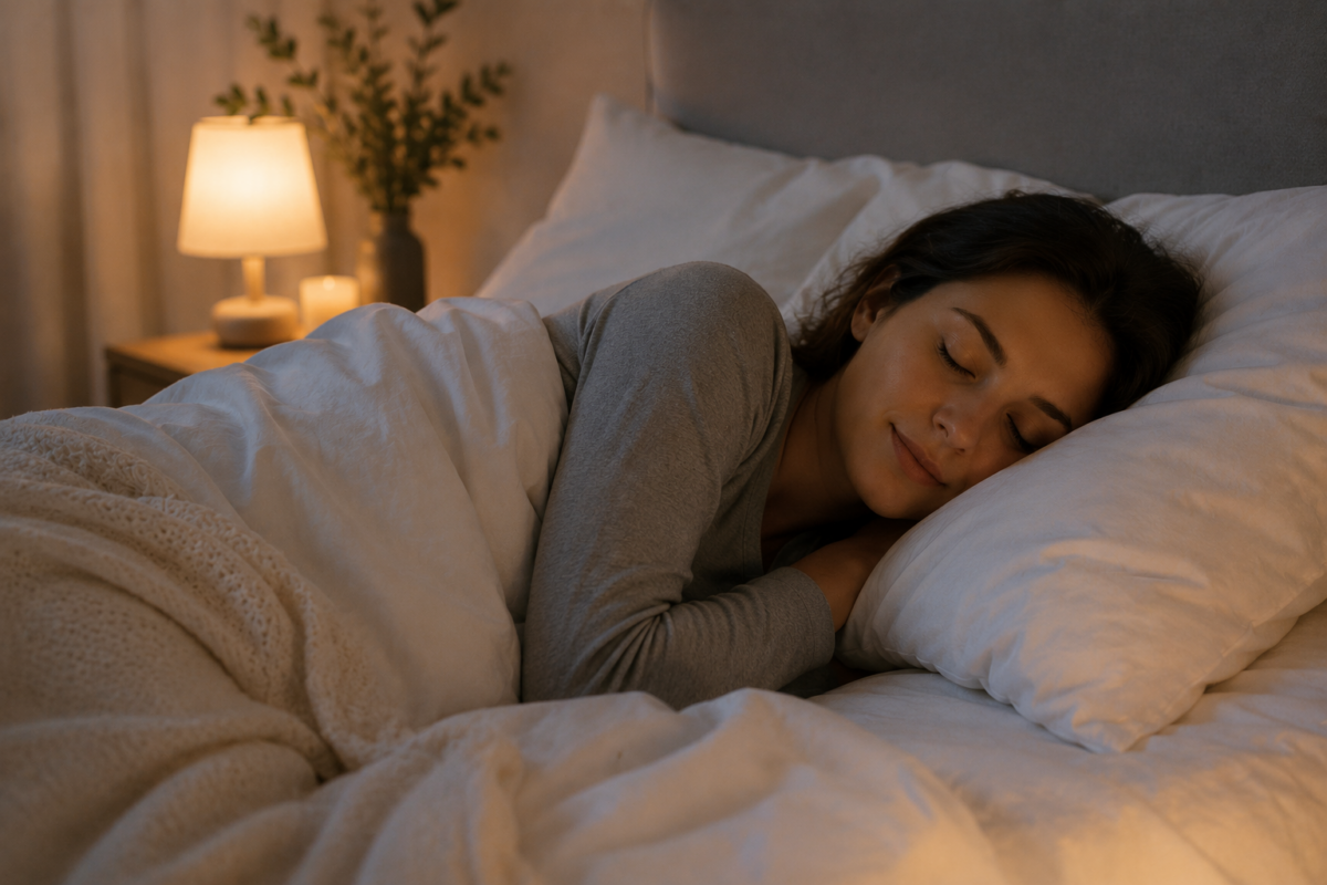 Woman sleeping peacefully in bed at night, experiencing restful sleep and support for insomnia after having acupuncture.